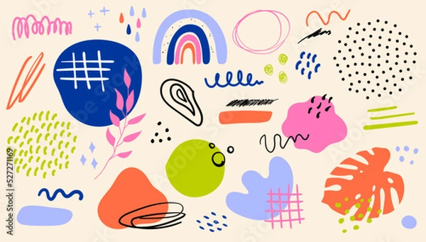 Fototapeta Set of modern abstract elements, minimal design. Vector hand drawn illustration. Clipart set in doodle style.	