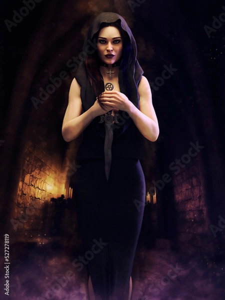 Fototapeta Gothic priestess standing in a dungeon of a castle, holding a dagger in her hands. 3D render - the woman is a 3D object.