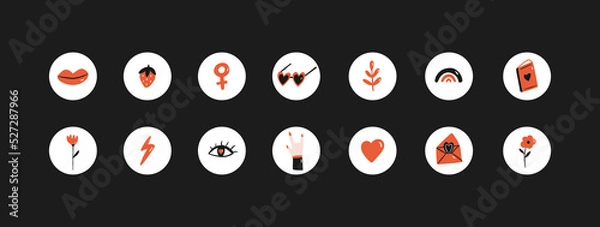 Obraz Set of girly highlights, stickers, round covers, icons for social media. Girl power concept. Cartoon feminine elements. Vector graphics. 