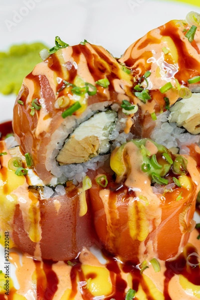 Fototapeta Roll with tuna and salmon
