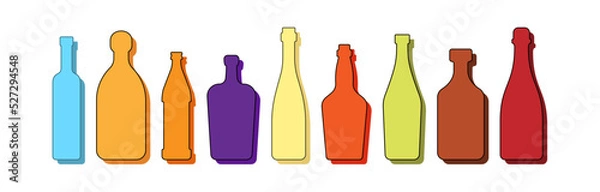 Fototapeta Set drinks. Alcoholic bottle. Gin tequila beer vermouth wine whiskey rum liquor champagne. Simple shape isolated with shadow and light. Colored illustration on white background. Flat design style