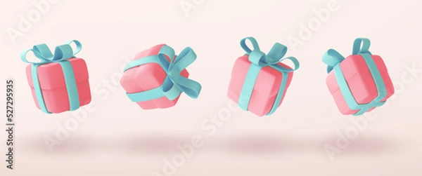 Obraz Cute pastel gift boxes different angles set. 3D holiday surprise boxes.
