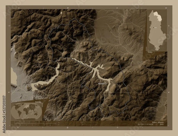 Obraz Kukes, Albania. Sepia. Labelled points of cities