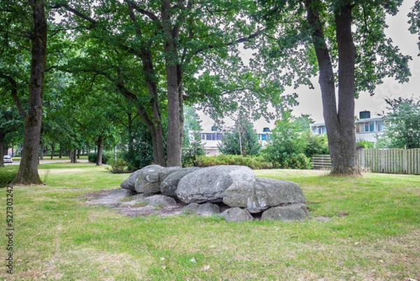 Fototapeta Dolmen D47, Haselackers municipality of Emmen in the Dutch province of Drenthe is a Neolithic Tomb and protected historical monument in an urban environment