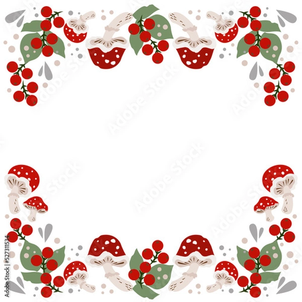 Fototapeta Vector illustration, pattern, fly agaric mushroom with red hat, green leaves and red berries. Square frame. For poster, material, greeting card, invitation, flyer, cover, banner, textile and so on.
