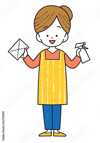 Obraz 雑巾とスプレーを手に持ってお掃除をする主婦