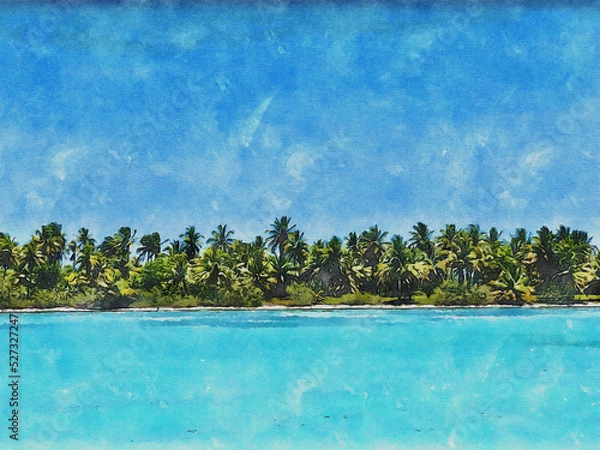 Obraz Tropical palm trees on the horizon on a clear day against a blue sky and sea. Watercolor art.