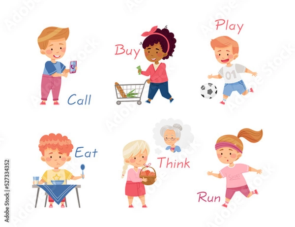 Fototapeta Funny Kids Engaged in Different Activities Demonstrating Verb Vector Set