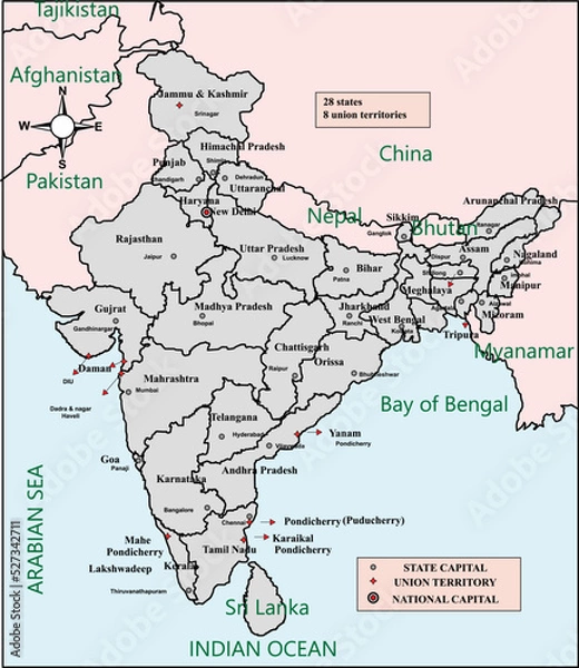 Fototapeta Indian political outline only map with clearly defined borders, all states can be pulled out separately also