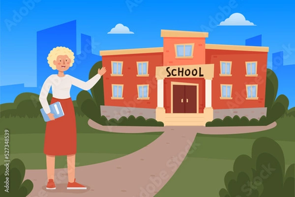 Obraz The teacher stands in front of the school building