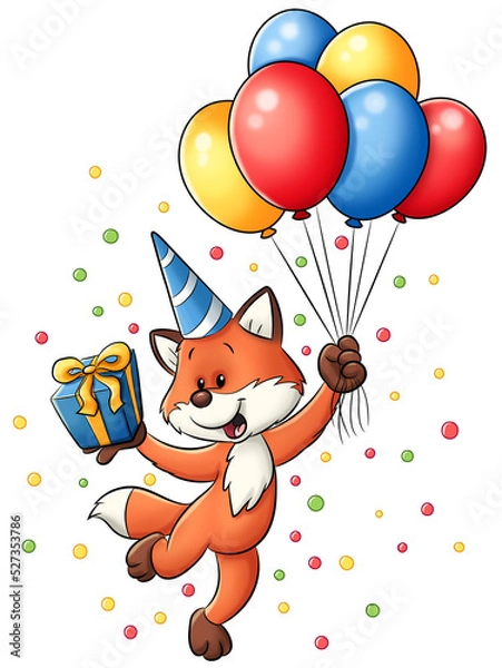 Obraz Niedlicher Fuchs der an Ballons fliegt mit einem Geschenk in der Hand
