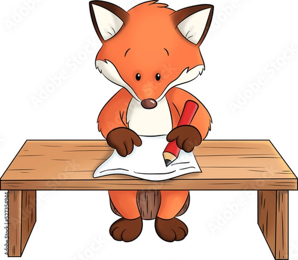 Obraz Niedlicher Fuchs der an einem Tische sitzt und etwas schreibt