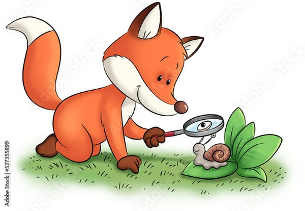 Obraz Ein niedlicher Fuchs untersucht eine Schnecke mit einem Vergrößerungsglas
