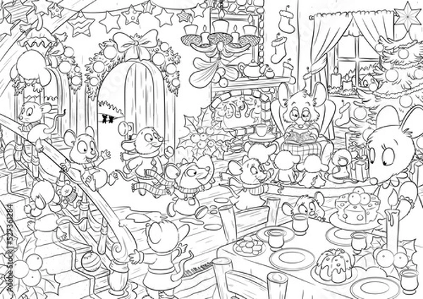 Obraz Wimmelbild - Weihnachten bei einer Mäusefamilie - Vektor Illustration
