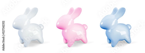 Obraz Set of 3D rendering ceramic rabbits. Symbol of 2023 New Year, easter and Mid Autumn Festival. Isolated vector.