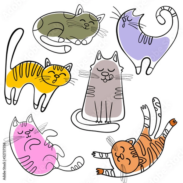 Fototapeta Set colored cats doodles on a white background