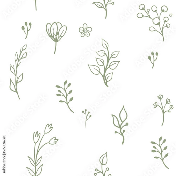 Fototapeta Vector leaves seamless pattern. Random plants texture background. Sketched doodles.