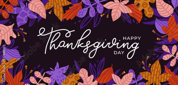 Fototapeta Background with color autumn leaves and hand drawn lettering Happy Thanksgiving