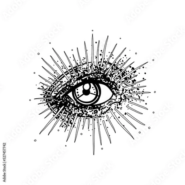 Fototapeta Blackwork tattoo flash. Eye of Providence. Masonic symbol. All seeing eye inside triangle pyramid. New World Order. Sacred geometry, religion, spirituality, occultism. Isolated vector illustration.