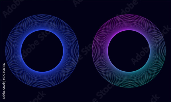 Fototapeta Abstract colorful circles with spirograph effect isolated on black background. Spiral element , wireframe geometric shape. Vector illustration.