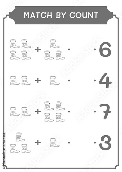 Fototapeta Match by count of Leprechaun boot, game for children. Vector illustration, printable worksheet