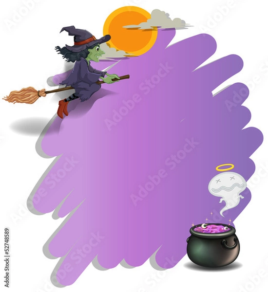 Fototapeta A witch riding on a broom and an empty violet template