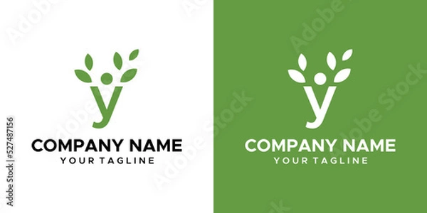 Fototapeta a Y-themed graphic image, people and leaves, on a green and white background. vector graphics base.