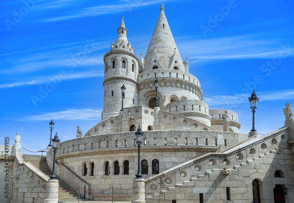 Fototapeta Hungary, tourist and travel attractions Fisherman Bastion, lookouts and panoramic views of Budapest.