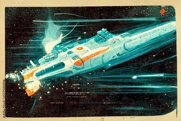 Obraz A fictitious space battleship is flying in space.