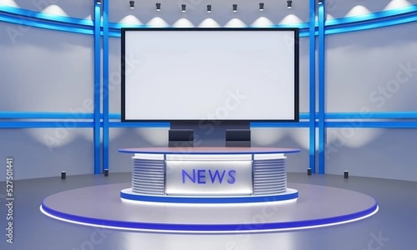 Fototapeta wood table and lcd background in the news studio room.3d rendering.	