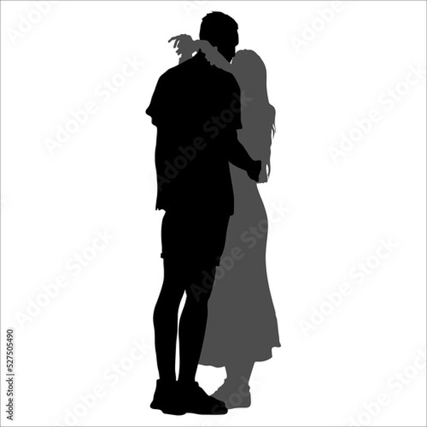 Fototapeta Two vector silhouettes. The guy and the girl are standing close to each other, hugging. The girl's hands are on the boy's shoulders. Isolated on white background. lovers