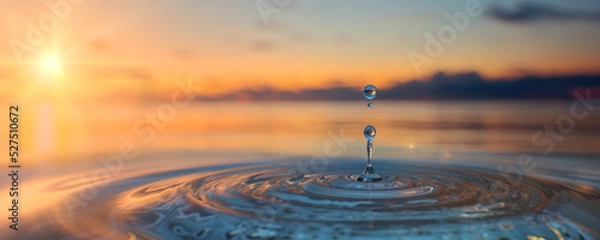 Fototapeta Clear Blue Water drop with circular waves on sunset background
