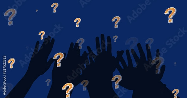 Fototapeta Image of question marks over hands on blue background