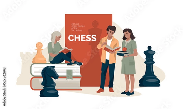 Obraz Chess. Learning to play chess. Books and chess pieces. Girl and guy with a book. Concept. Vector image.