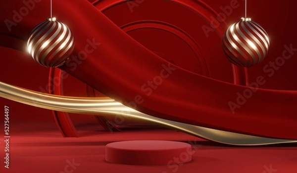 Fototapeta 3D rendering of blank product background for cream cosmetics Modern red podium background