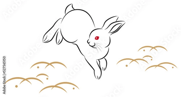 Fototapeta 年賀状素材 卯年 飛び跳ねるウサギ 絵筆で描いた墨絵風のお洒落なイラスト ベクター