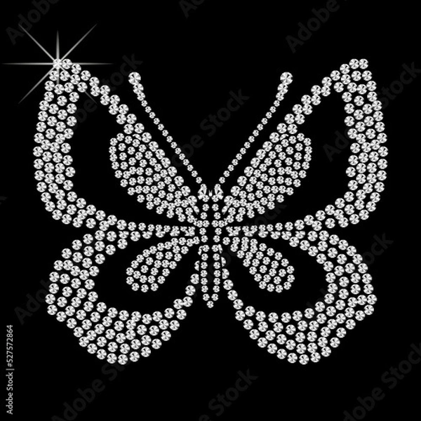 Obraz Butterfly of diamonds. Beautiful pattern embroidery of flying diamond butterfly. Shiny, silver and black print with diamonds, embroidery and jewelry. Isolated fashion abstract background.