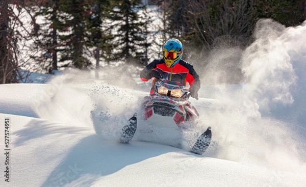 Obraz Snowmobile riding with fun in deep snow powder during backcountry tour. Extreme sport adventure, outdoor activity during winter holiday on ski mountain resort