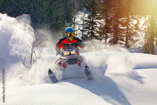 Obraz Snowmobile riding with fun in deep snow powder during backcountry tour. Extreme sport adventure, outdoor activity during winter holiday on ski mountain resort