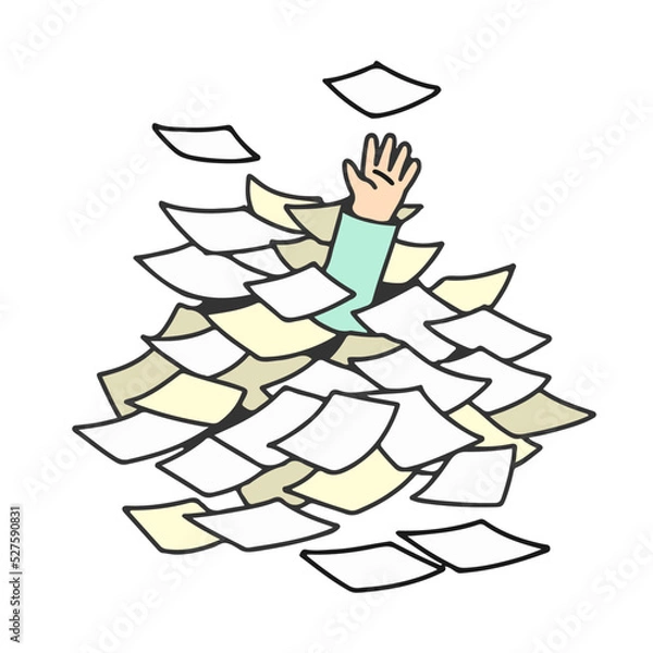 Fototapeta Concept of hard working. Businessman buried under a pile of books, textbooks and papers. Flat design, vector illustration.