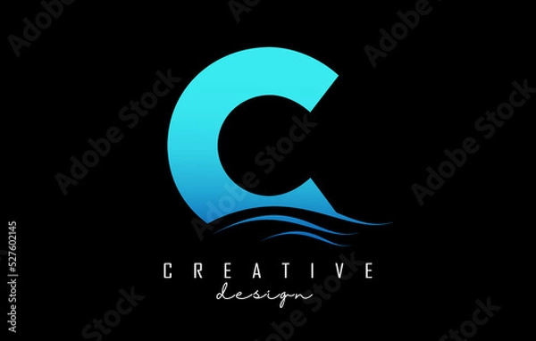 Fototapeta Water effect blue letter C logo with leading lines. Letter with geometric and waves design.Vector Illustration with letter and creative cuts.