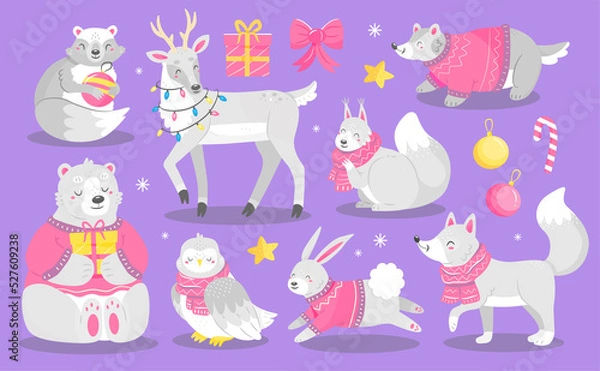 Fototapeta Forest Christmas white animals in sweaters and scarves in a cute cartoon style. Isolated animal illustration.