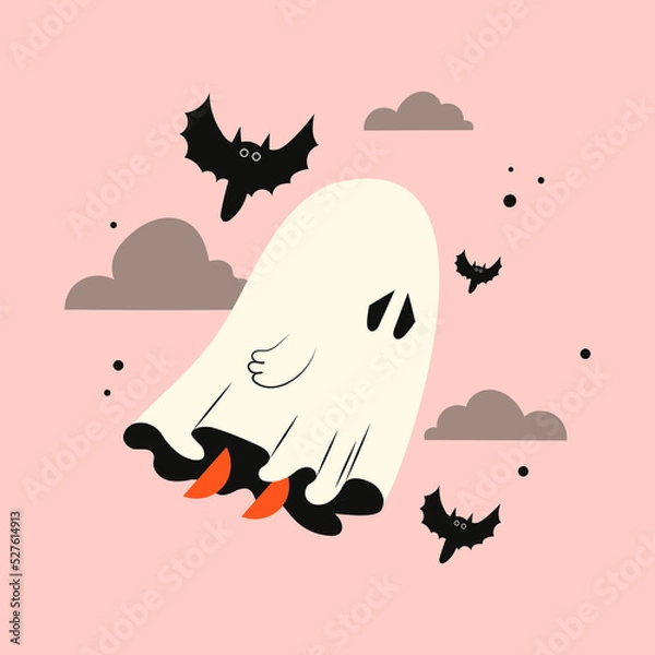 Fototapeta Halloween ghost in the clouds with a bat. Kawaii phantom in white clothes is flying. Kawaii monster mystical drawing concept. Flat vector illustration isolated with pumpkins and holiday elements.
