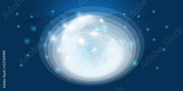 Fototapeta Abstract Blue Cloud Computing, Networks, Futuristic Telecommunications Concept, 3D Design with Glowing Whirling Lines of Flowing Data Between Nodes on Dark World Map Background - Vector Illustration