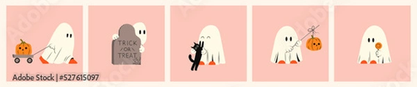 Fototapeta Set of ghost expression. Halloween phantom ghost with different character. Kawaii courthouse mystical drawings concept. Flat vector illustration isolated with pumpkins and holiday elements.