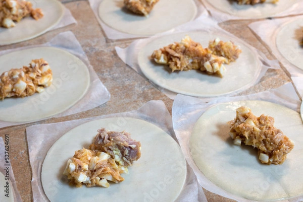 Fototapeta Wafers with tuna and egg are ready to make small pasties on a rustic kitchen counter. Homemade food.