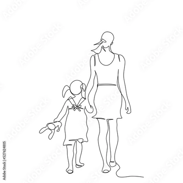 Fototapeta Back side of one young beautiful mother is holding her daughter hands are walking together in single line drawing style.Vector isolate flat continue line design  of Mother’s Day or Children’s day.