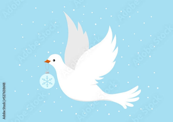 Obraz Dove with christmas ormanent isolated on white background. Cute pigeon flying bird with xmas ball decorated with snowflake sign. Flat design simple style vector illustration.