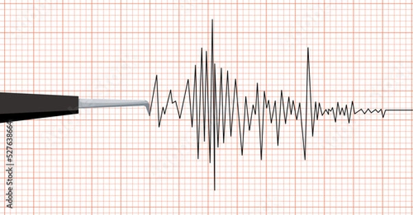 Obraz Earthquake seismic waves on seismograph graph paper. Vibration measurement recording chart . Polygraph lie detector diagram test record. Audio wave, wind or tempetature graph. Vector illustration.