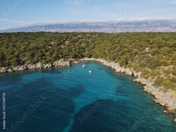 Fototapeta Aerial view of Potocnica, Lun and Novalja in island of Pag, archipelago of Croatia. Panoramic drone view of waterfront, idyllic and turquoise sea in Novalja, Adriatic Sea in Dalmatia region.
